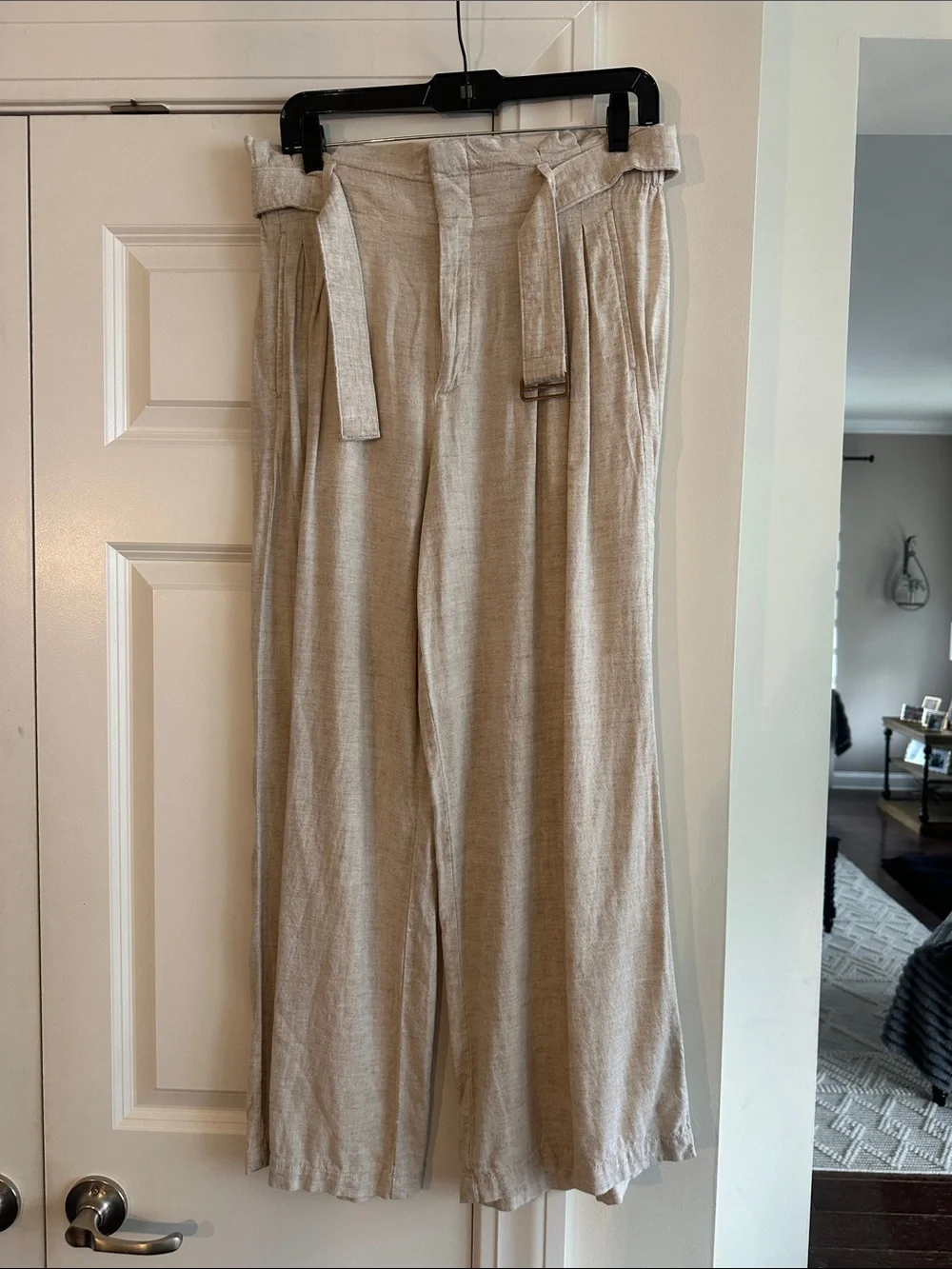 Banana Republic Neutral Linen-Blend Paperbag Waist Wide-Leg Pants